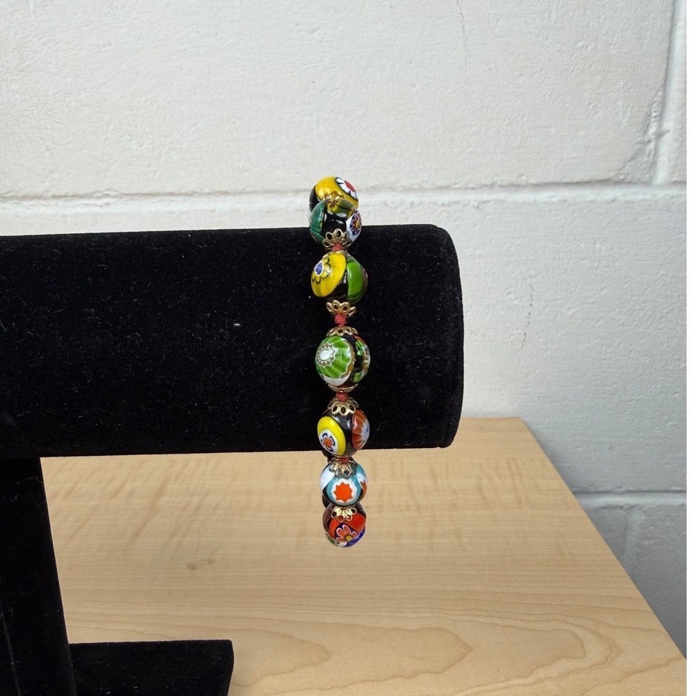 Vtg Millefiori Murano Art Glass Beaded Bracelet Hand Knotted Filigree Caps 9 in